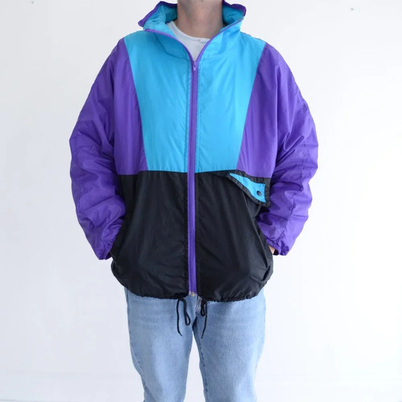 80S Active Spirit Purple Teal Zip Up Nylon W/ Hidden Hood Lined Windbreaker Coat - Picture 1 of 14